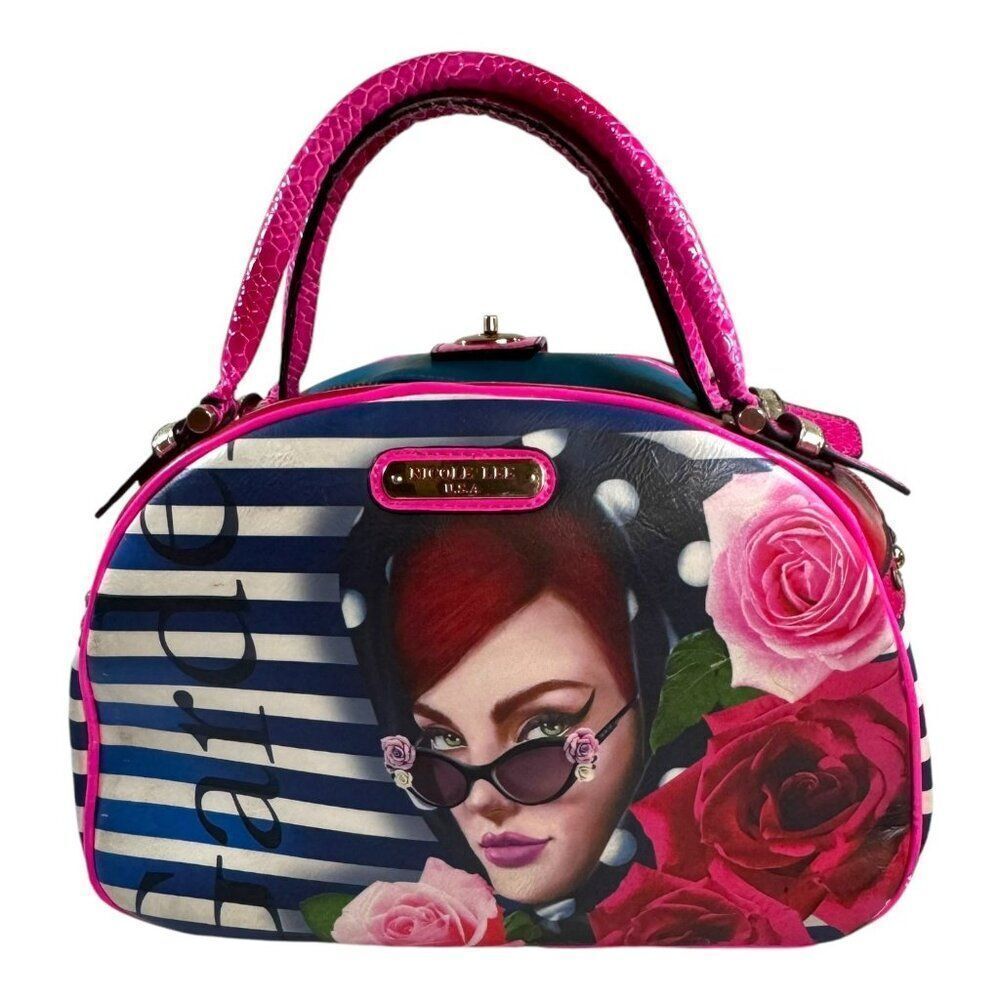Nicole Lee Pink Striped Rose Handbag Garden Womans Face Print BOHO KItsch READ